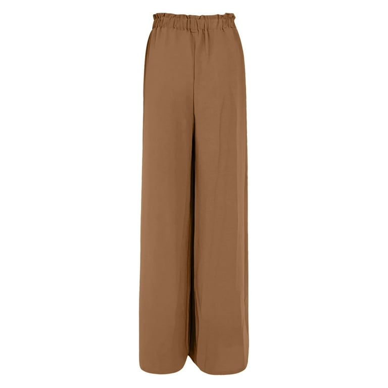 Zodggu Women Fashion Women Summer Bow Summer Casual Loose High Waist Full  Length Long Pants Pleated Wide Solid Trousers Pants Trendy Comfy Loose Fit  Casual Pants Brown 4 