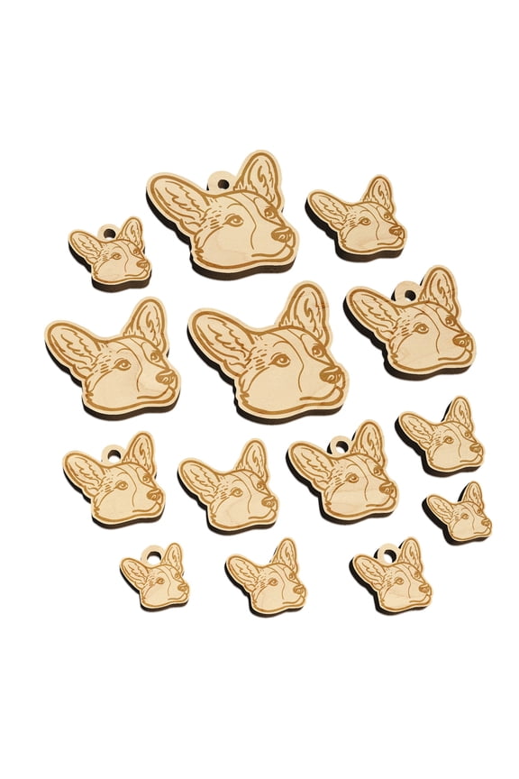 Cardigan Welsh Corgi Head Wood Mini Charms Shapes DIY Craft Jewelry - No Hole - Various Sizes (16pcs)
