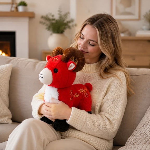 2027 Year of The goats Plush Stuffed Animal, Soft Red Realistic Flock Sheep Companion Figure for Bed Sofa Shelf Desk Lunar News Year Display Collectible and Comfort Gift, Home and Office Use