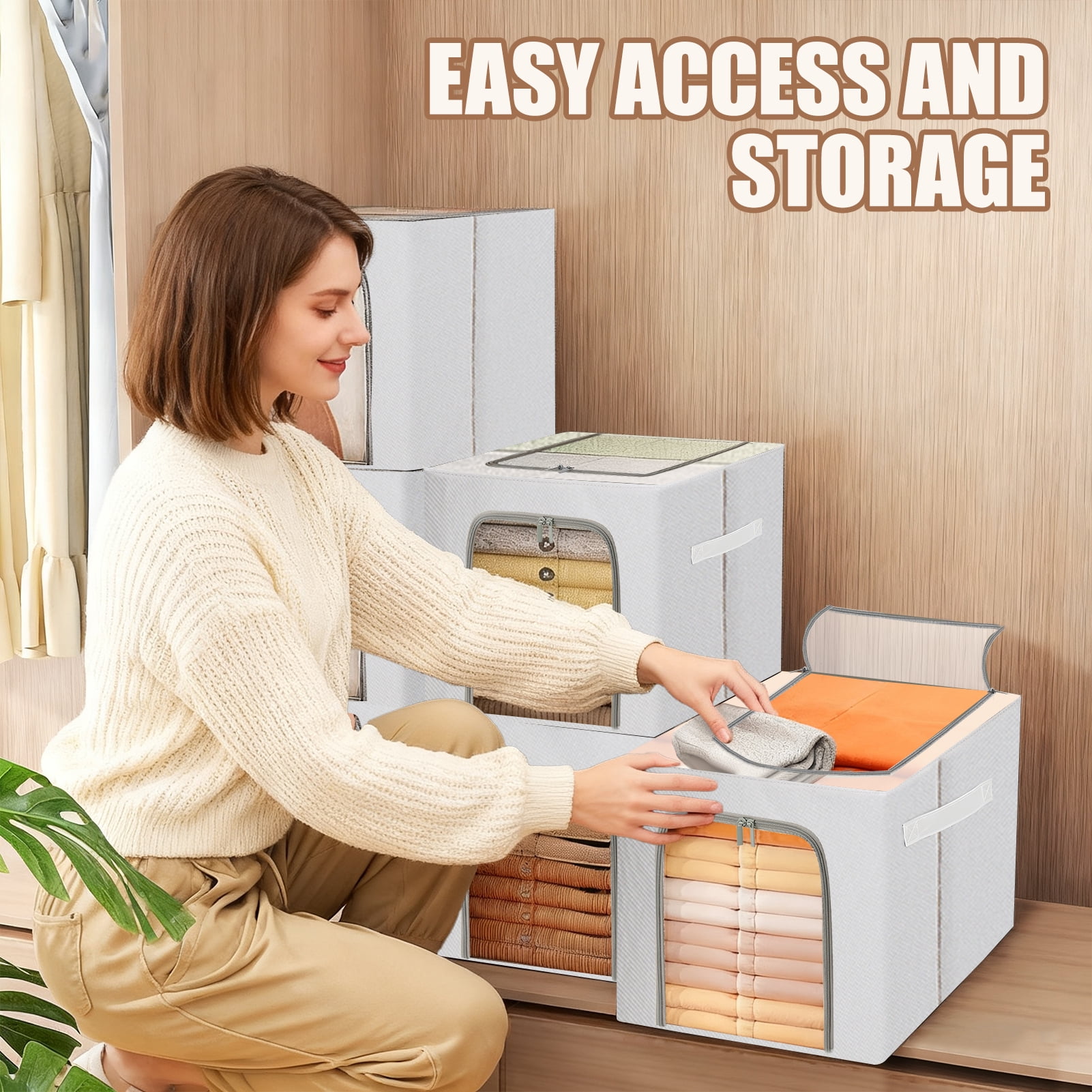 Lumikrypt 6 Pack Clothes Storage Bin with Metal Frame, 49L Large Fabric Stackable Closet Storage Bin with Lid & 2 Clear Window, Foldable Clost Organizers Containers for Clothing, Blanket, Sweater