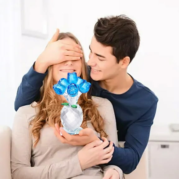 Blue Rose Crystal Flower Figurine with Vase Glass Rose Gifts for Women Wife Girlfriend Mom Collectible Home Table Decor for Mother's Day Birthday Wedding Anniversary
