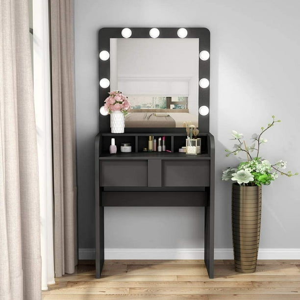 Little Tree Modern Dressing Table, Small Black Makeup Vanity With Lights