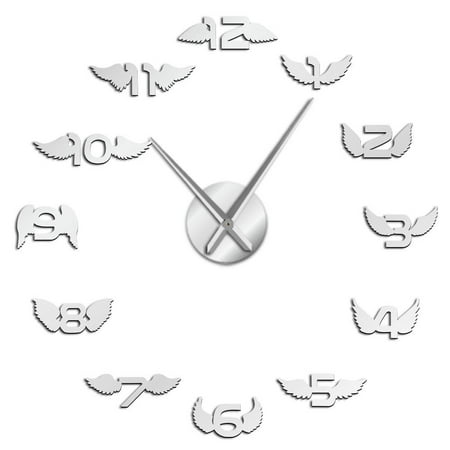 Angel Wings Mixed Numbers Frameless Wall Clock Stickers, DIY Modern Decorative Clocks for Living Room, Bedroom, Office - Easy to Install, Large 3D Clock Design (Silver,27in)