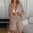 thumbnail image 2 of TANYSU Women's Casual Long Sleeve Shirt And Shorts Sets Loose Fit Summer Outfits Basic Solid Color Button Blouse Shorts Two Piece Outfits For Daily Wear Fashionable, 2 of 9