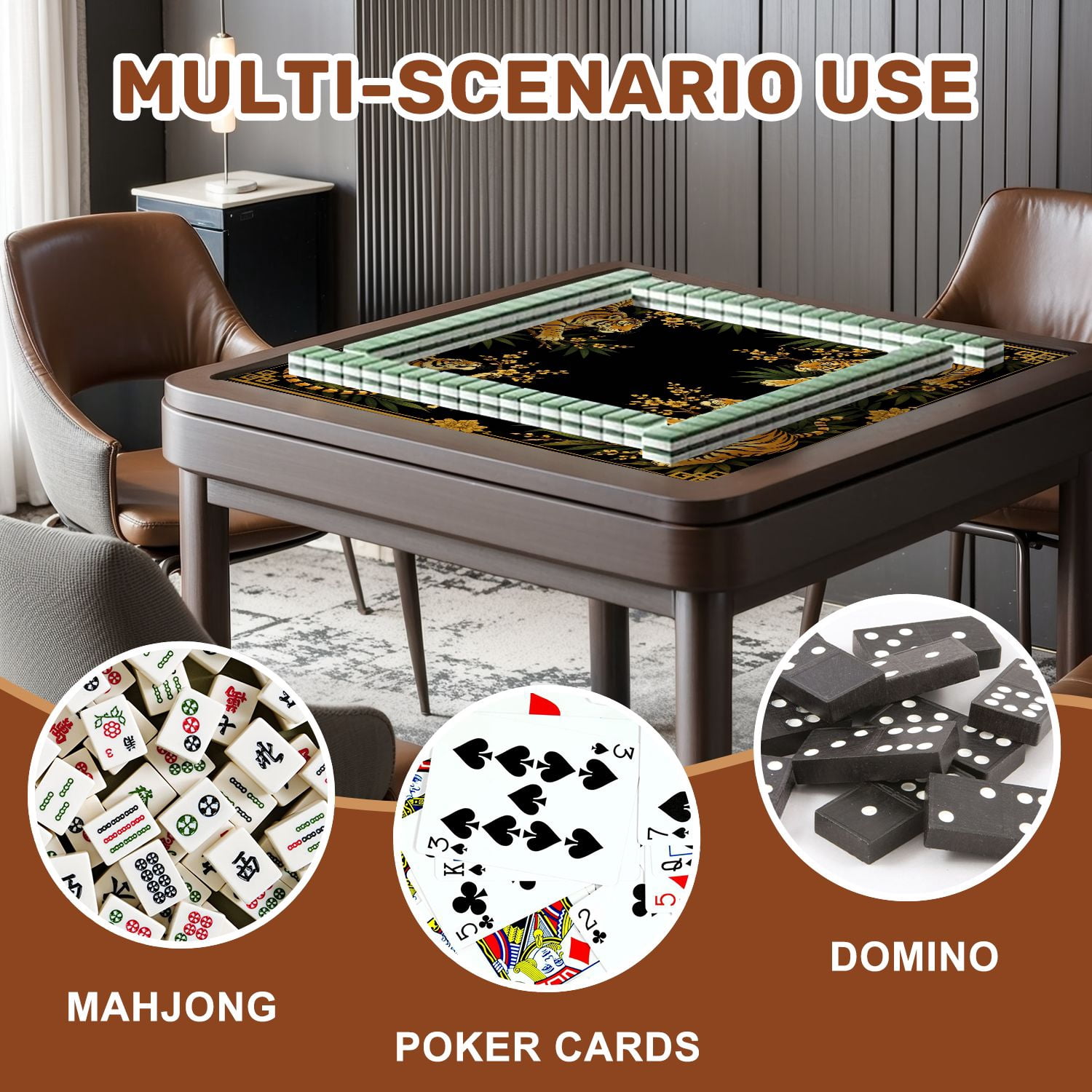 Mahjong Mat 31.5" x 31.5" Golden Tigers Tropical Leaves Blossoms Black Non-Slip Noise Reduction American Mahjong Tiles Table Cover for Dominoes Poker Card Board Games Gift
