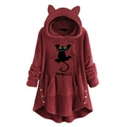 sebulube Women'S Long Sleeve Cat Ear Hoodies Pullover Hoodie Fleece Cute Printed Top With Button Pockets