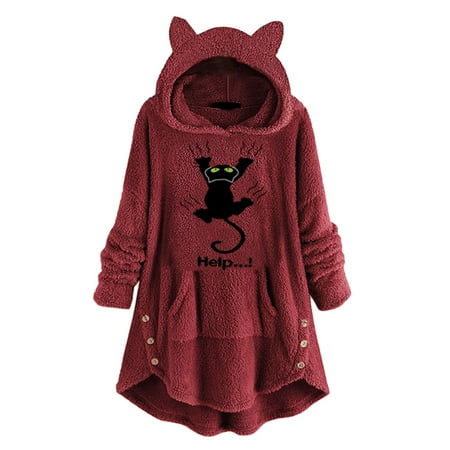 sebulube Women'S Long Sleeve Cat Ear Hoodies Pullover Hoodie Fleece Cute Printed Top With Button Pockets