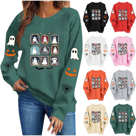 Jsaierl Halloween Sweatshirts for Women Cute Ghost Print Pullovers Trendy Classic Round Neck Long Sleeve Sweater Tops Halloween Costumes, Sizes S-2XL