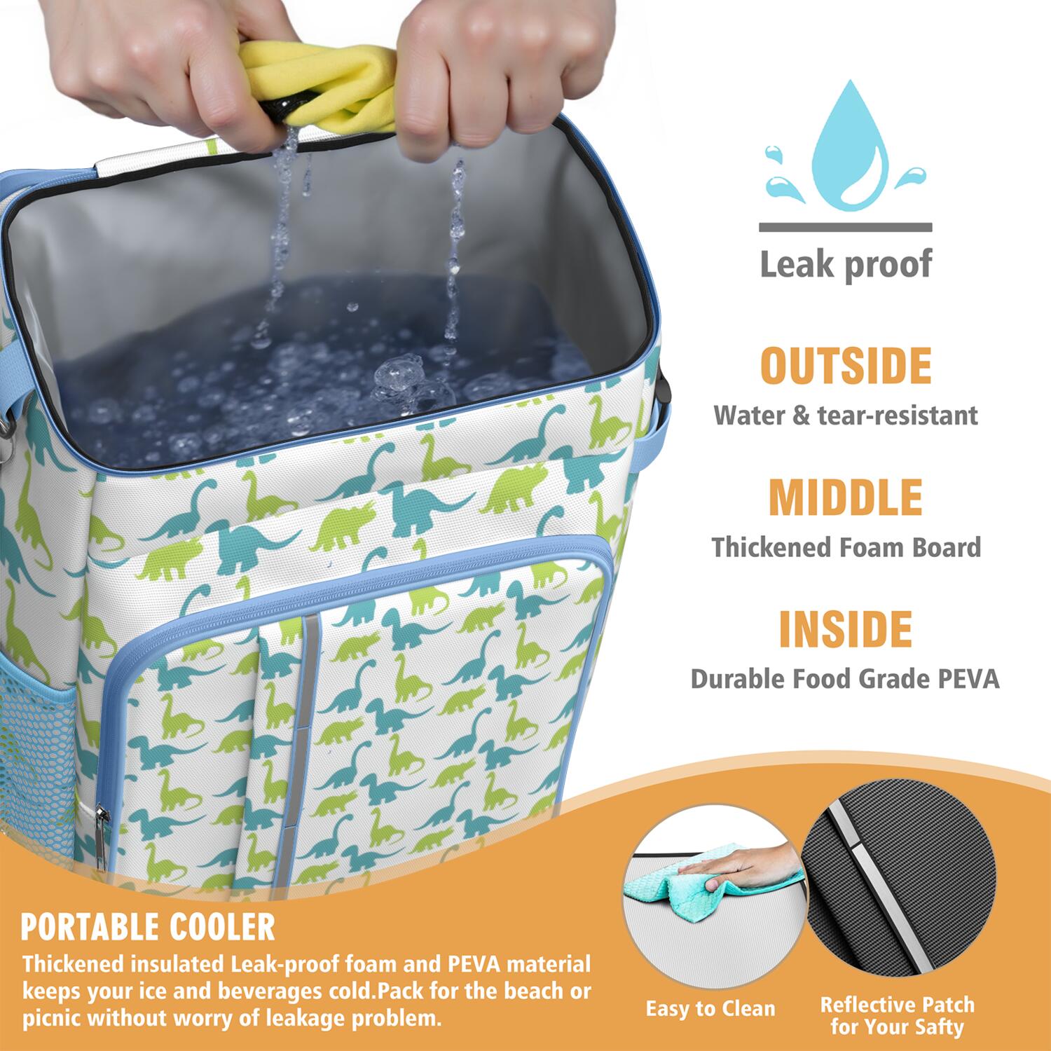 Travel Cooler Bag - Blue Green Cartoon Dinosaurs Silhouettes Pattern Camping Beer Cooler Backpack with Bottle Opener- Waterproof Insulated Picnic Backpacks - Cooler Bag for Beach