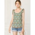 thumbnail image 3 of Blusa floral sin mangas de gasa con correa de decoración de pajarita sin mangas para mujer Verde XL, 3 of 6