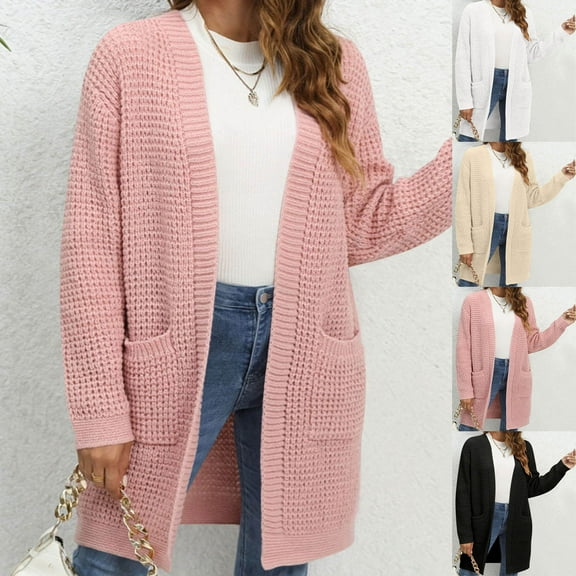 Feancey Winter Cardigans for Women Trendy Cable Knit Sweater Coats Dressy Casual Knitted Cardigan Soft Comfy Open Front Sweaters with Pockets Streetwear Jackets Beige L