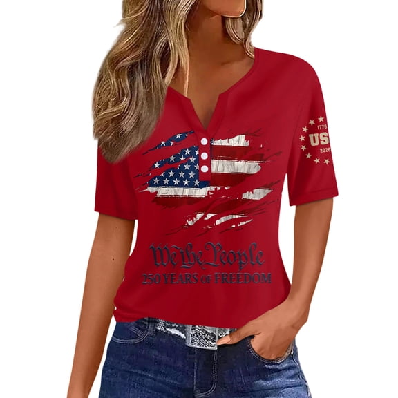 Trgacdwlo 250 Anniversary USA T Shirt Short Sleeve Womens Tops Button V Neck Flag Print Patriotic 4th of July Graphic T Shirts for Women Red L