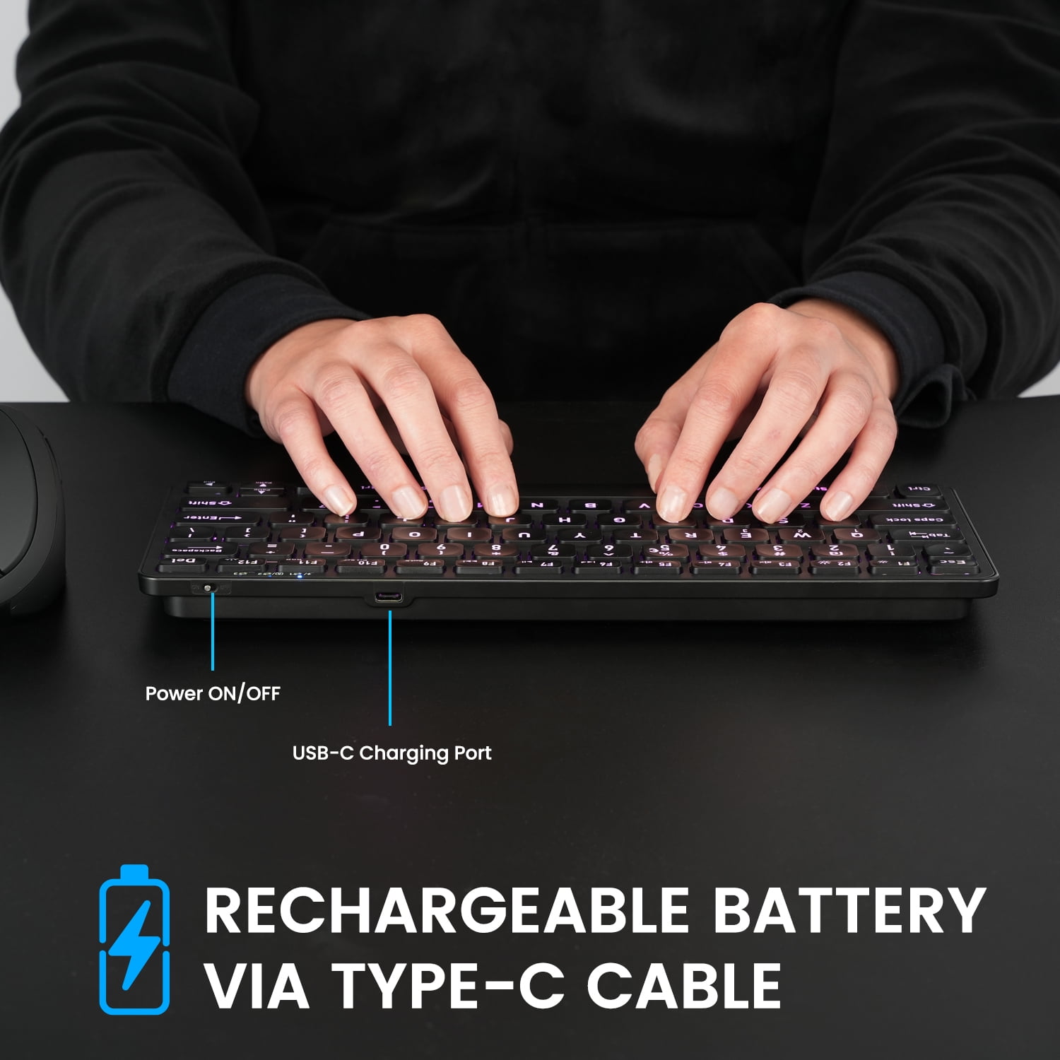 Perixx PERIBOARD-832RGB Wireless RGB Backlit Mini Keyboard - Up to 3 Multi-device Connection - Black - US English