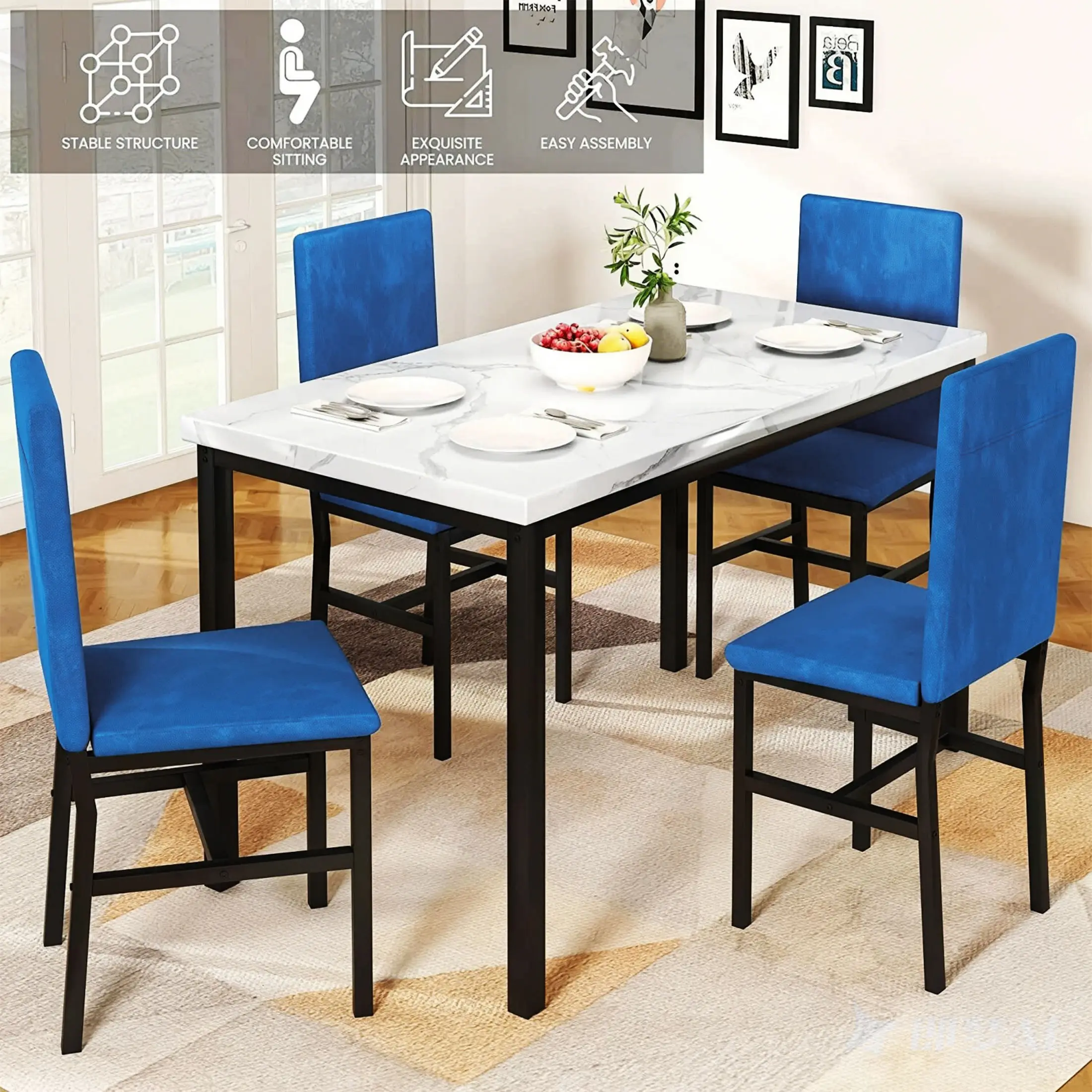 Dining Table Set for 4, Modern Marble Dine Table with 4 Velvet Chairs, Modern Kitchen Table Set for Home, Breakfast Nook, Cafeteria Dining Room, Blue
