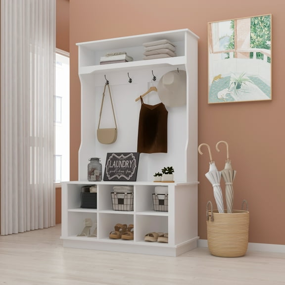 MONSLIPA Hall Tree Storage Bench, Coat Rack with Hook & Cube for Entryway, Mudroom, 67.1"H