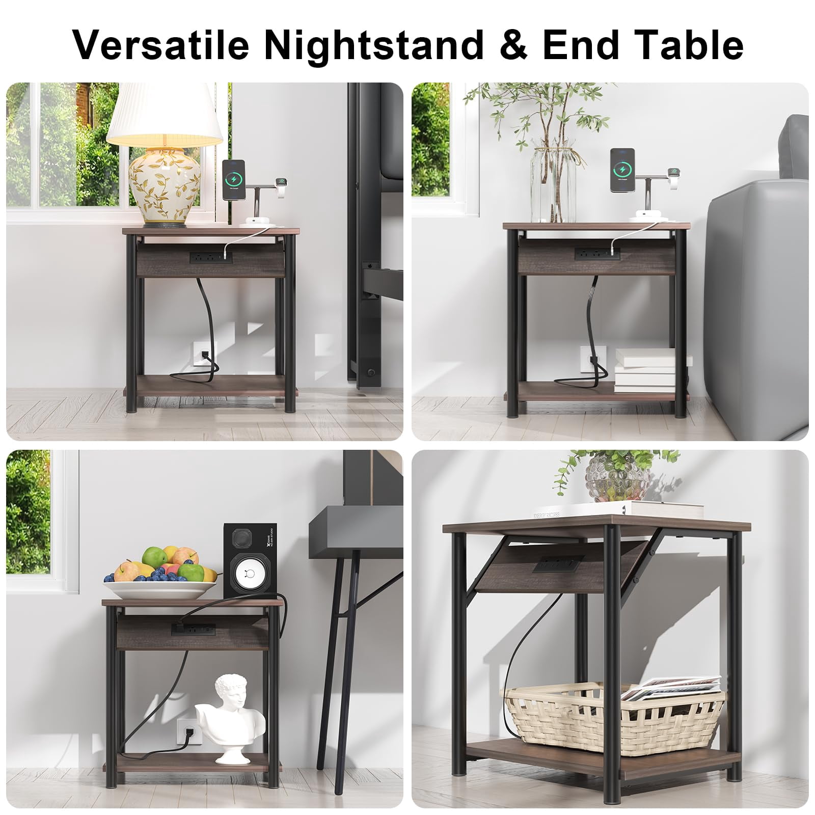LoVinson Nightstand with Charging Station for Bedroom, Set of 2