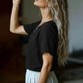 thumbnail image 6 of TGSLY Lace Crochet Trim Placket Tops for Women Notched V Neck Short Sleeve Blouses Loose Fit Dressy Casual Full Button Front Solid Color Tshirts L, 6 of 7