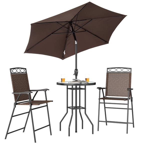 SSLZ 4 Piece Outdoor Bar Set with Umbrella, Patio Dining Set with 2 Folding Chairs, Wave Textured Tempered Glass Table for Backyard, Garden, Deck, Poolside, Brown