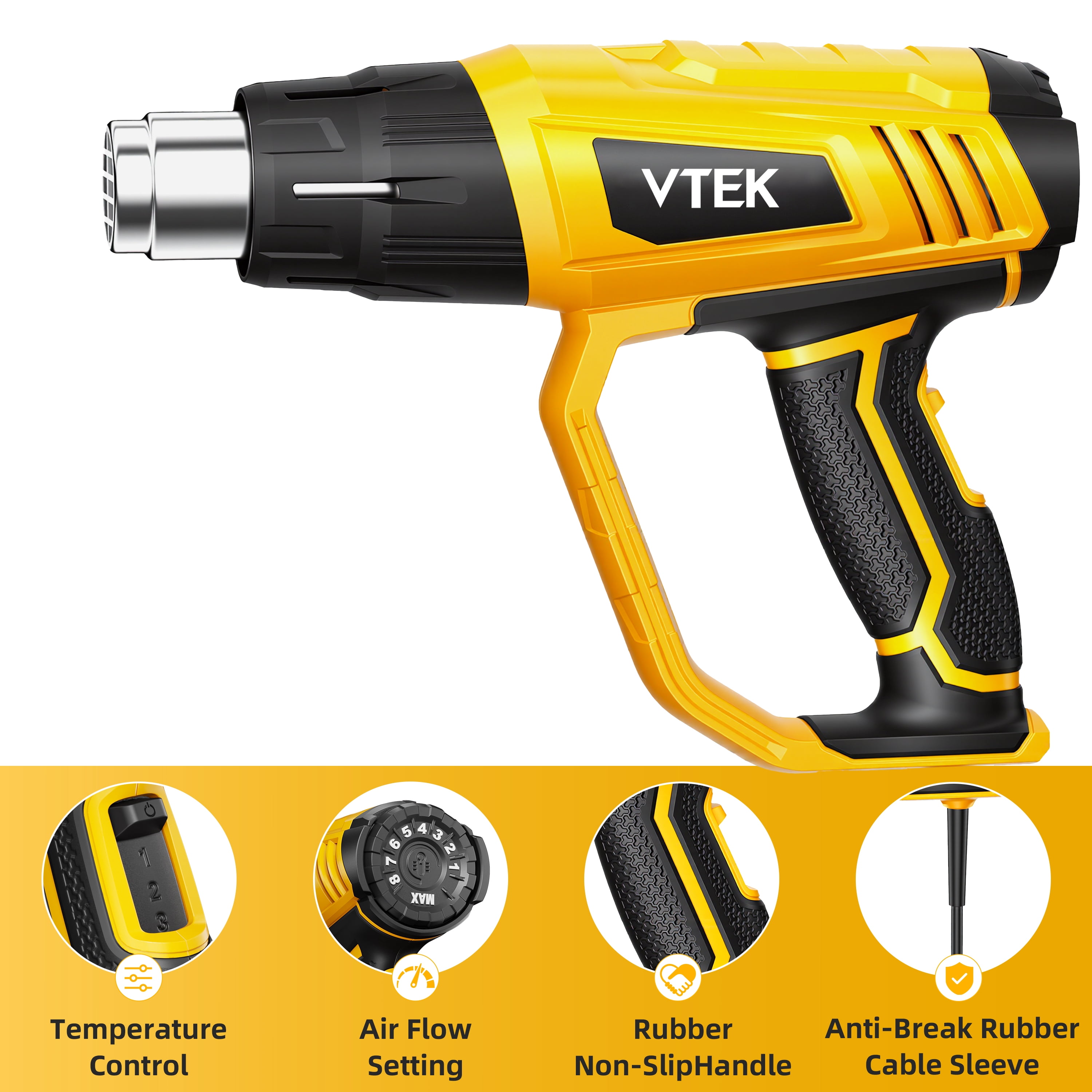 VTEK Heat Gun 1800W Hot Air Gun140℉-1202℉ Fast Heating Variable Temperature with 3 Speeds, 4 Nozzles for Shrinking PVC, Stripping Paint, Vinyl Wrap