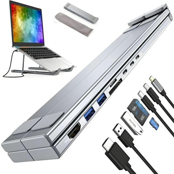 8-in-1 USB-C Laptop Stand with Docking Station,Portable Aluminum Laptop Stand for Desk with 4K HDMI,USB 3.0,USB-C Ports,SD Card Slot,Adjustable Height