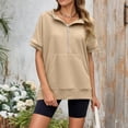 thumbnail image 2 of NinXxx Women's Loose Short Sleeve Zipper Pocket Hoodie Top Khaki L, 2 of 6