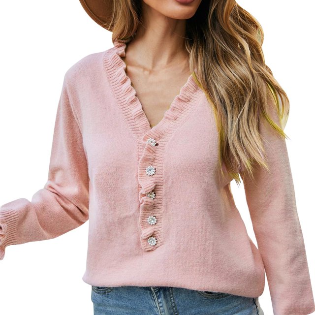 Gibobby Sueter para mujer invierno casual De Mujer Otoño/Invierno De Punto Con Detalle De Botones Y Escote De(Rosa,CH)