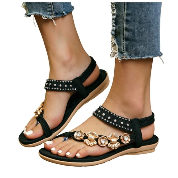 Rokment Womens Sparkly Rhinestones Flower Bow Beaded Orthopedic Sandals with Arch Support Comfortable Ortho Low Heels Slingback Dressy Flip Flops Beach Summer Casual Shoes Black Size 6