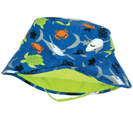 Sun Smarties Sealife Adjustable and Reversible Baby Boy Sun Hat - Sealife Print Reverses to a Solid Lime Green Brim Hat  - UPF 50+