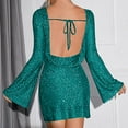 thumbnail image 6 of BLTIBY Women Sequin Evening Dress Hip Wrap Ruched Waist Long Sleeve Backless Glitter Cocktail Party Slim Formal Gowns Fashion Clothing Green XL, 6 of 9