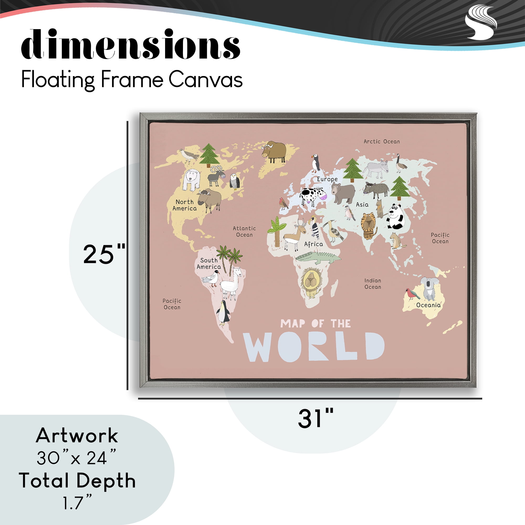 Kid's Map Of World Pink Gray Framed Floater Canvas Wall Art, design by Carla Daly