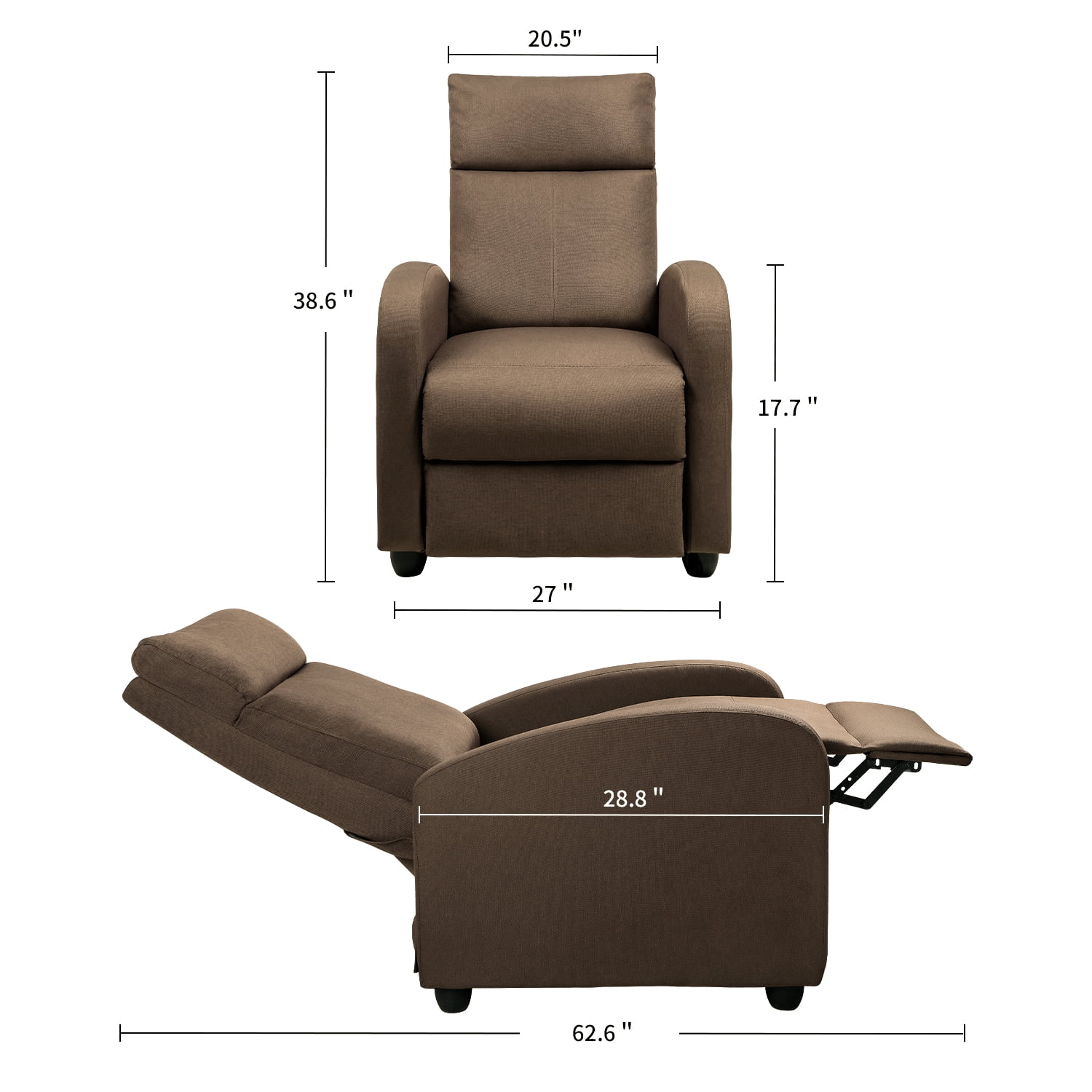 Vineego Home Theater Recliner with Padded Seat and Backrest, Brown Fabric