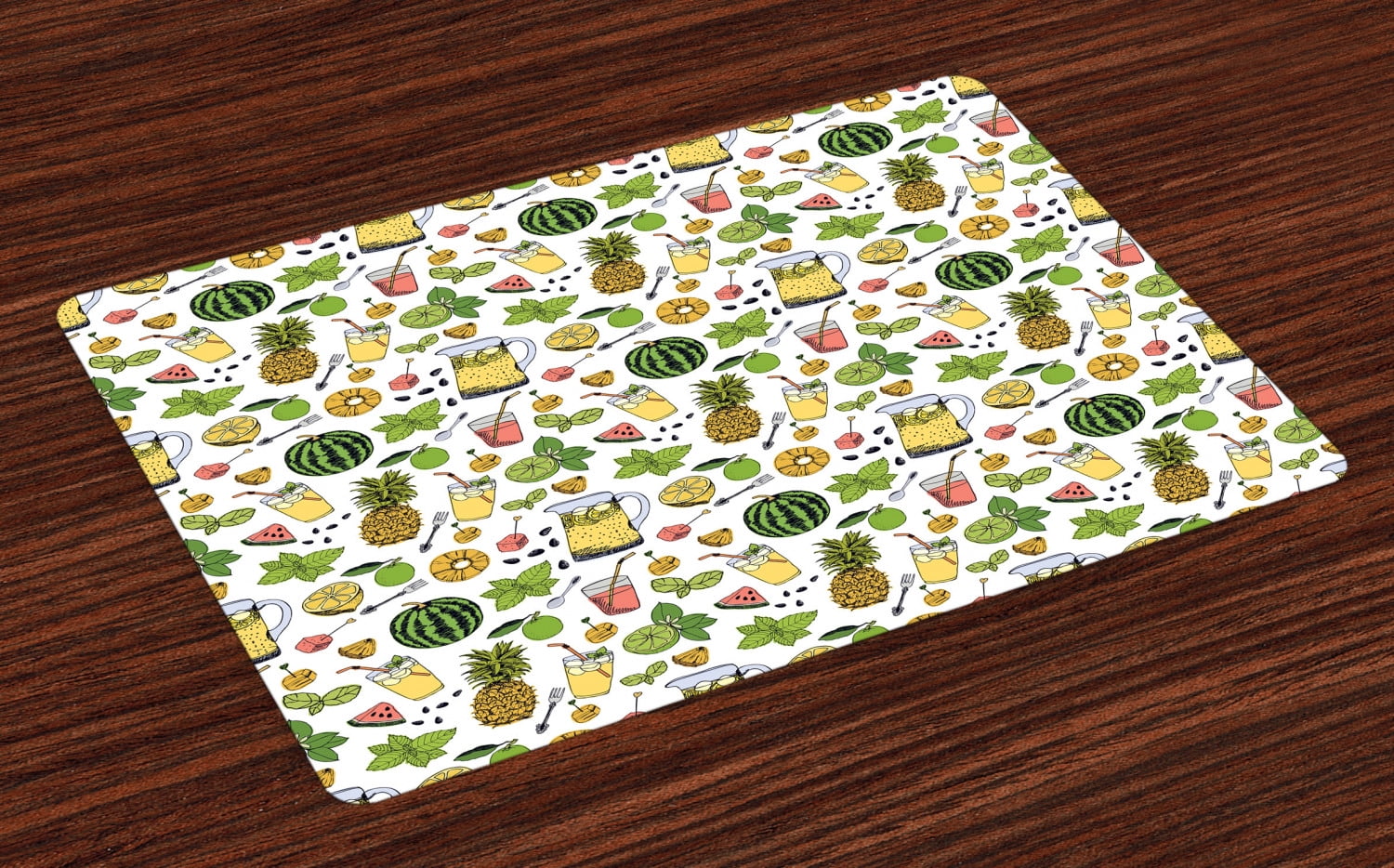 Tropical Placemats Set of 4 Summer Holiday Pattern with Fruits and Cocktails Refreshments Juice