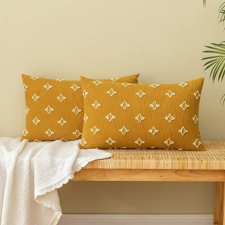 

EMEMA Fall Mustard Yellow Decorative Throw Pillow Covers Rhombic Jacquard Pillowcase Cushion Case Rectangle for Couch Sofa Bed Living Room Bedroom Set of 2 16x16 Inch