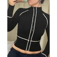 thumbnail image 3 of KelaJuan Women’s Zip Up Crop Tops Long Sleeve Mock Neck Contrast Stitch Slim Fit T-Shirts Blouses Streetwear, 3 of 5