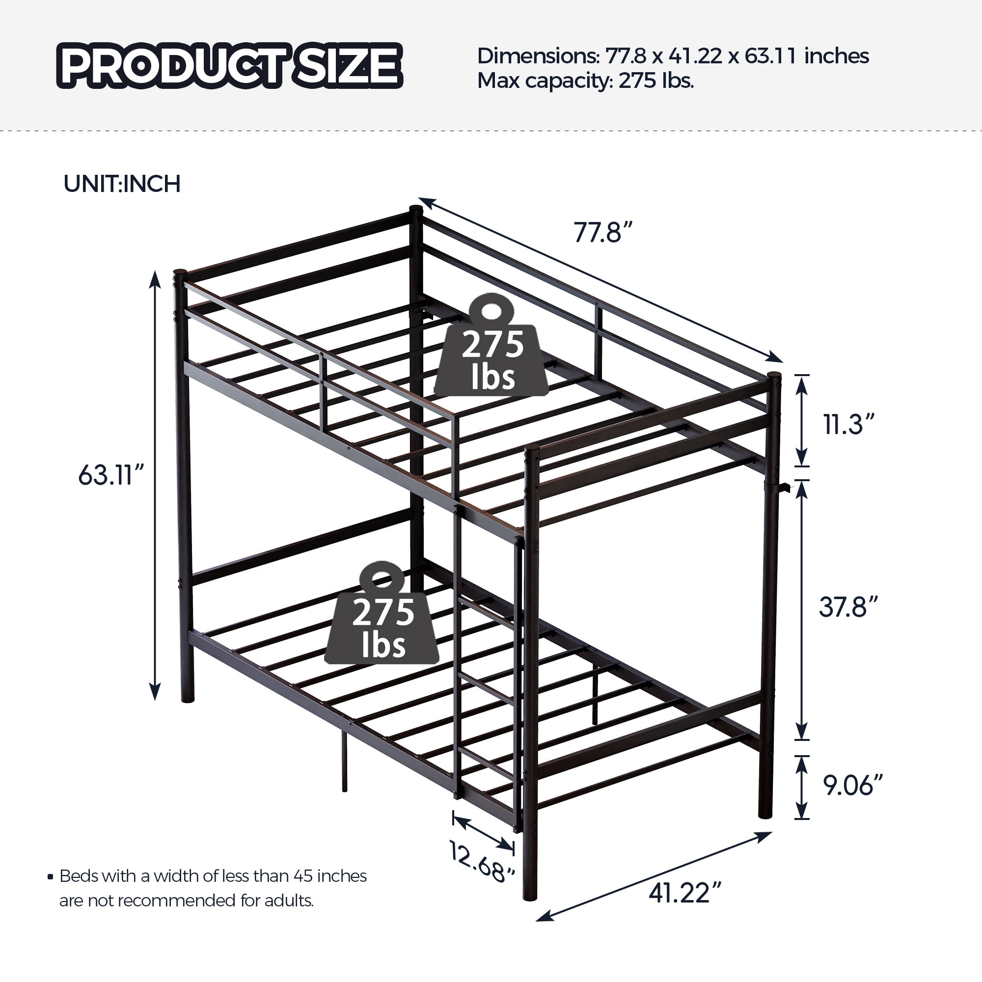 Leumius Metal Bunk Bed Twin Over Twin, Heavy Duty Bunk with High Guardrail and Safety Entrance Design, Under-Bed Storage Space, Easy Assembly, Noise Free,Black