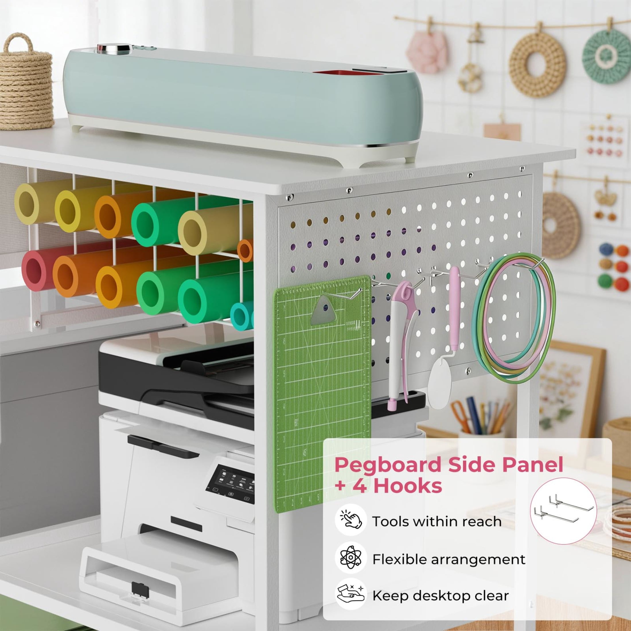 Noble House Large Rolling Heat Press Stand Desk, Metal Workbench with Vinyl Storage, Drawer & Charging Station, White