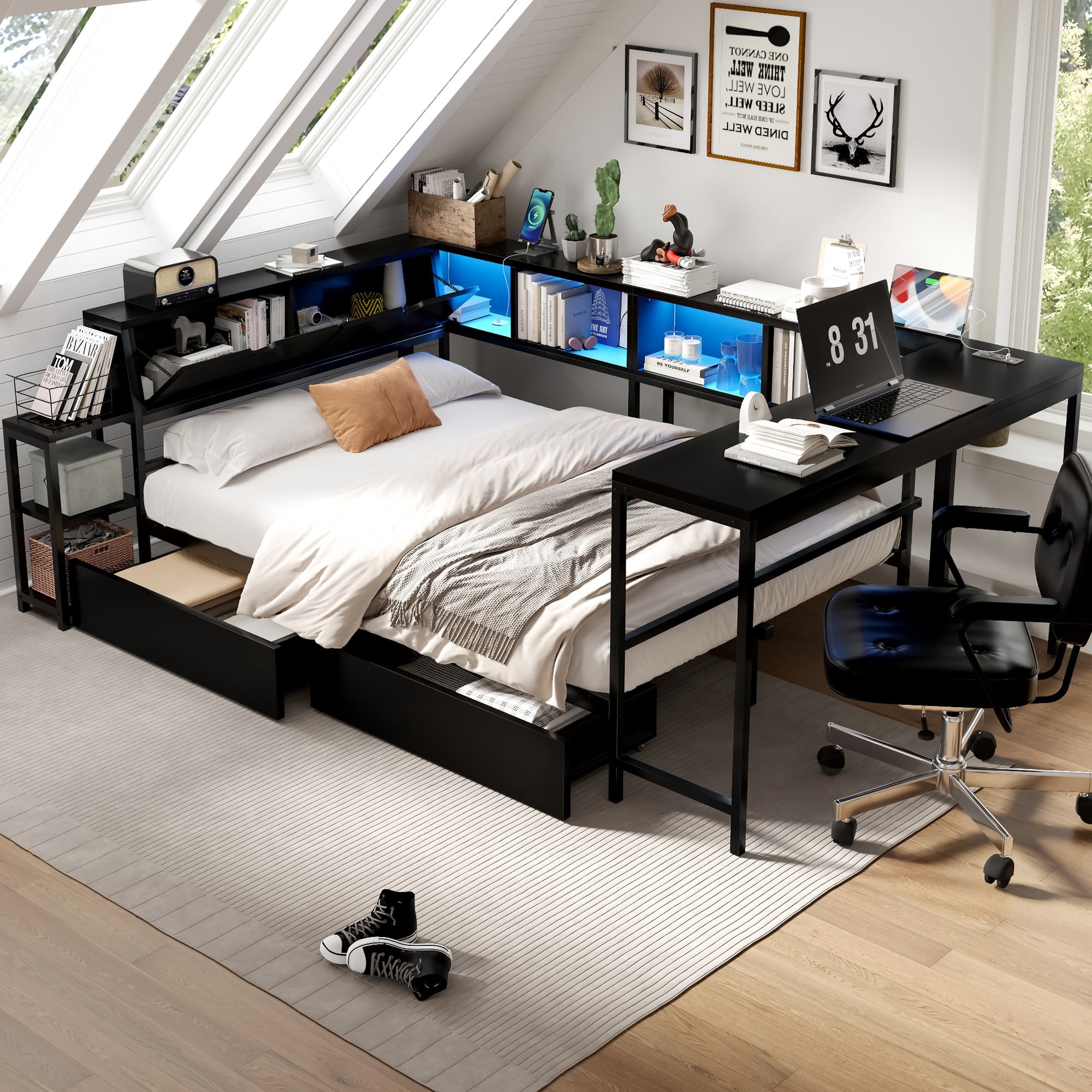 AENKYO Queen Size Corner Daybed with Desk & Storage Headboard, LED Lights, Power Outlets & Drawers, Black