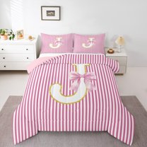Homewish Initial J Letter Queen Comforter Set, Girly Pink Stripes Abstract Bedding Sets, Princess Cartoon Bowknot Reversible Bedding Comforter Set, Super Cozy Room Decor, 3 Pieces