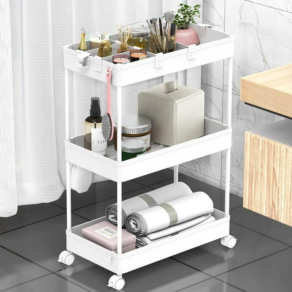 3 Tier Rolling Cart with Wheels, Storage Craft Art Trolley Organizer Serving, 3 Hanging Baskets Easy Assembly, for Office, Living Room, Kitchen, White