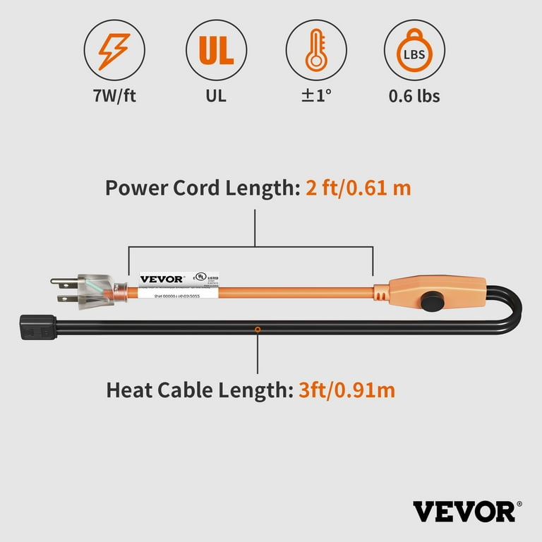 VEVOR Pipe Heating Cable, 9 Feet Water Line Heat Tape with Built-in  Thermostat, Protects PVC Hose, Metal and Plastic Pipe from Freezing, 120V,  7W/ft 