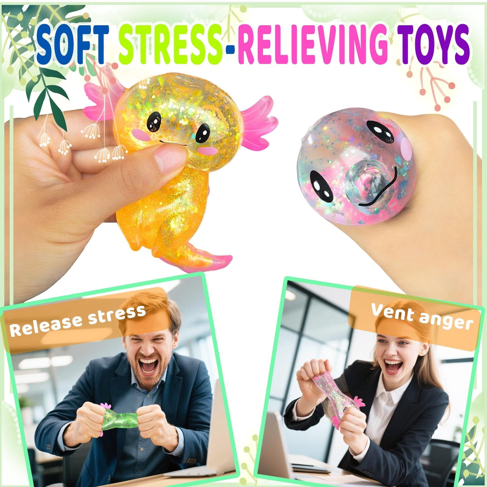 4 Pack Axolotl Squishy Stress Balls, Glitter Sensory Squeeze Fidget Toys for Adults, Cute Axolotl Gifts for Parties, Birthdays and Christmas