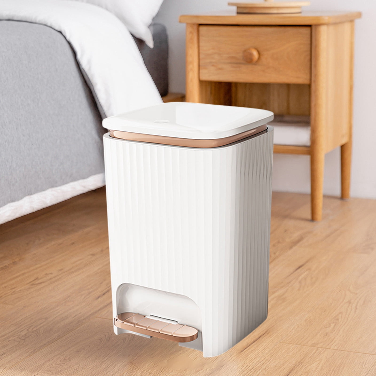 Under $20 9/12 Liter Large Capacity Trash Can Square Plastic Garbage Can with Lid, Step Pedal Trash Can for Living Room, Bedroom, Kitchen, Bathroom(White + Gold, 12L)