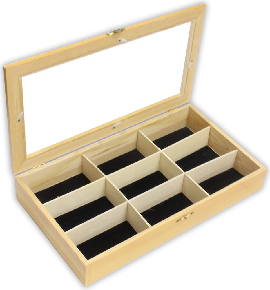 15 X 8 X 2.5 Inch Pine Wood Display Box With 9 Divided Sections And