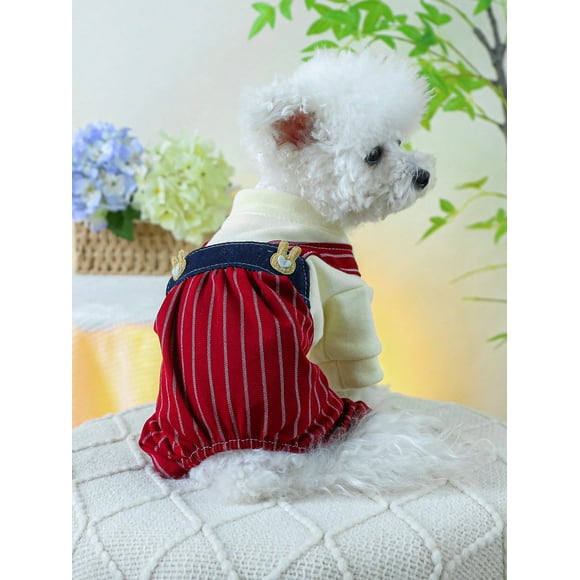 1pc Pet Clothes Four Feet Jumpsuit Style Adorable Suspender Trousers For Small And Medium Dogs And Cats, Wine Red Striped Pattern