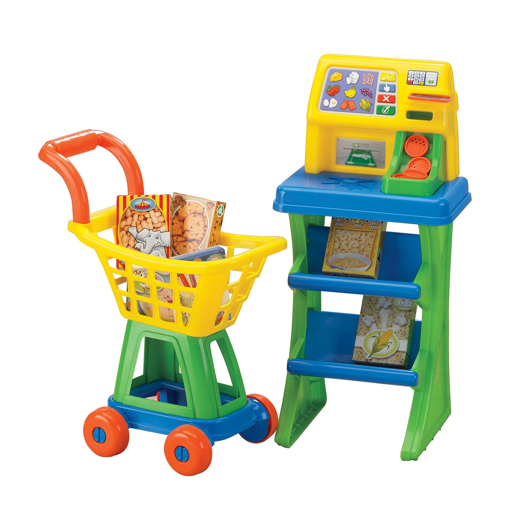 American Plastic Toys My Very Own Market Stand Set with Cash Register and Shopping Cart, 13 Piece Set for Kids