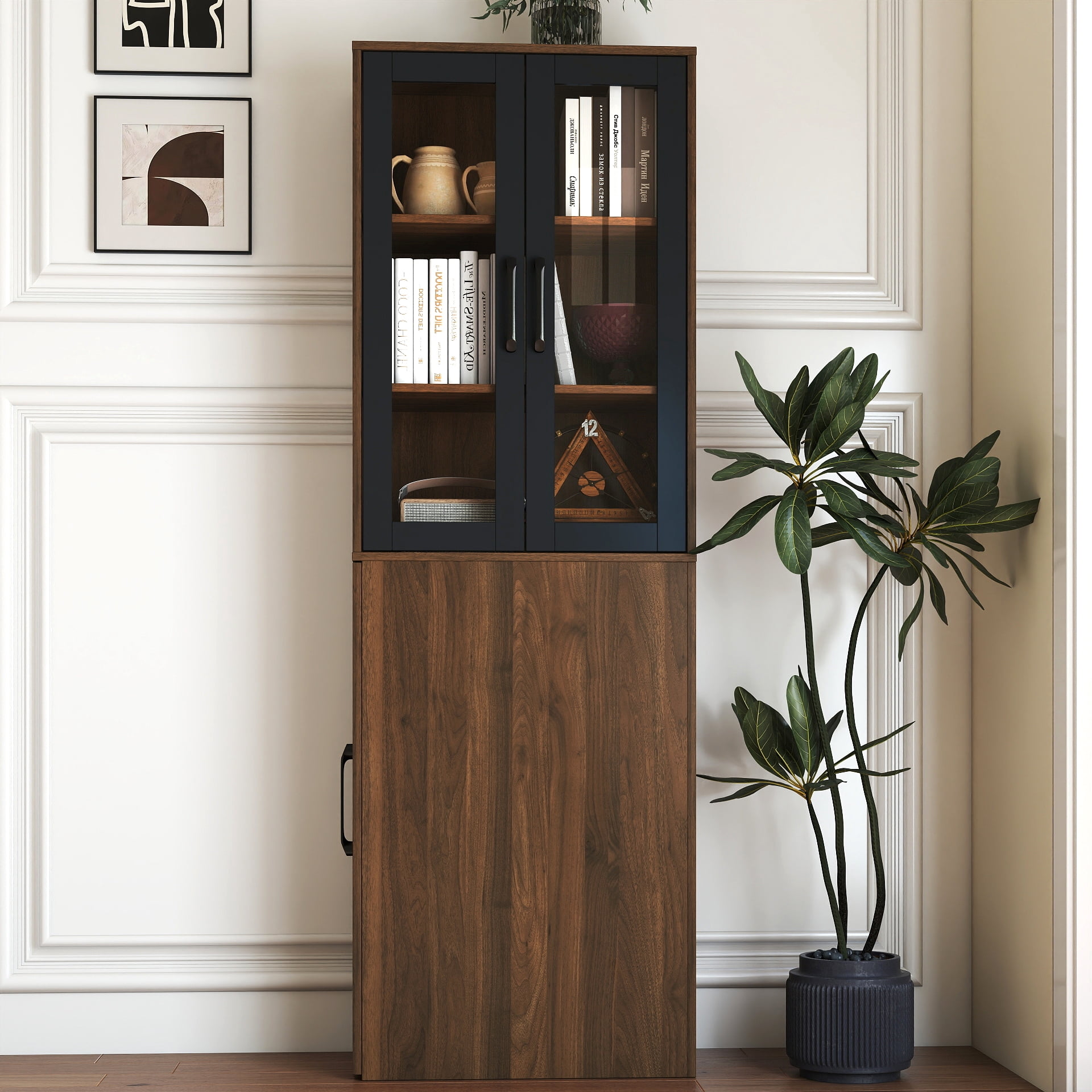 Display Storage Cabinet 4-Tier Pull-Out Shelf with 2 Glass Doors for Kitchen Living Room, White