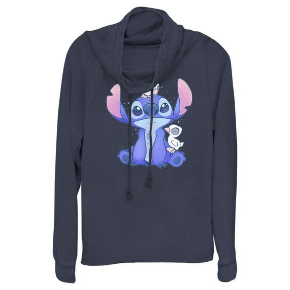 Junior's Lilo & Stitch Hanging with Ducks Cowl Neck Sweatshirt Navy Blue 3X Large