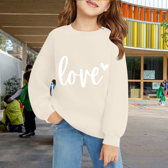 Chandail en Molleton Imprimé Cœur pour Filles, Coupe Ample Col Rond Manches Longues avec Design Amour, Chemise Décontractée en Coton Doux pour Filles Tout-Petits, Plusieurs Couleurs Disponibles pour Usage Quotidien Beige