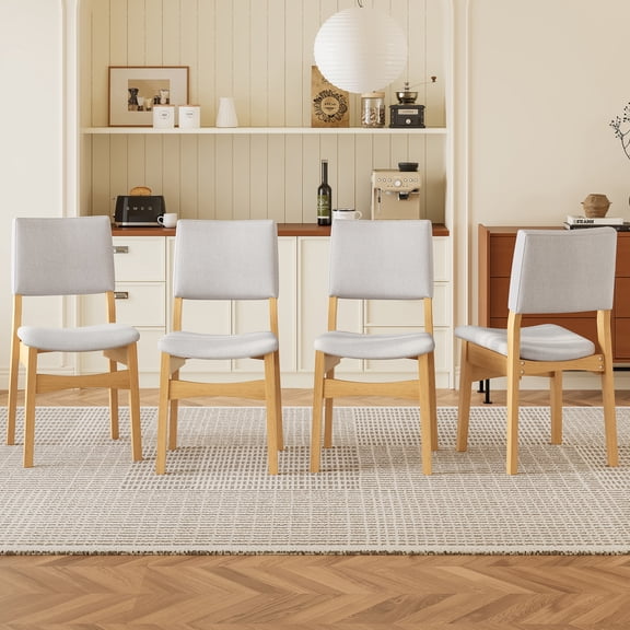 Upholstered Stackable Dining Chairs Set of 4 - Linen Fabric Seat & Backrest, Solid Wood Frame, Rustic Kitchen Chairs for Dining Room, Living Room, Natural