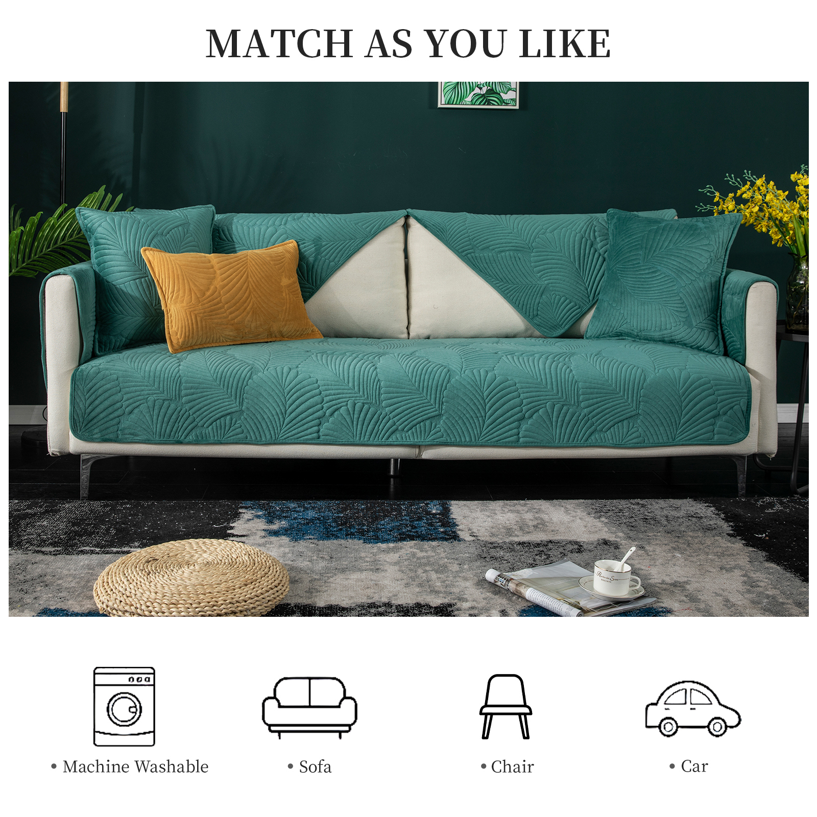 ANMINY Velvet Couch Cover Quilted Velvet Embossed Leaf Pattern Sofa Cover, Machine Washable Couch Protector for Pets & Kids